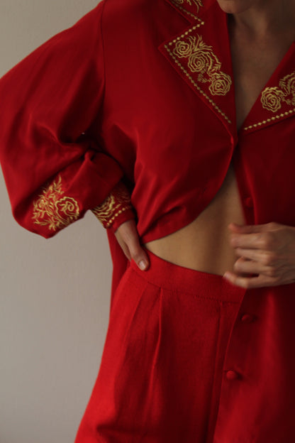 Vintage Diane Von Furstenberg Red & Gold Embroidered Silk Blouse