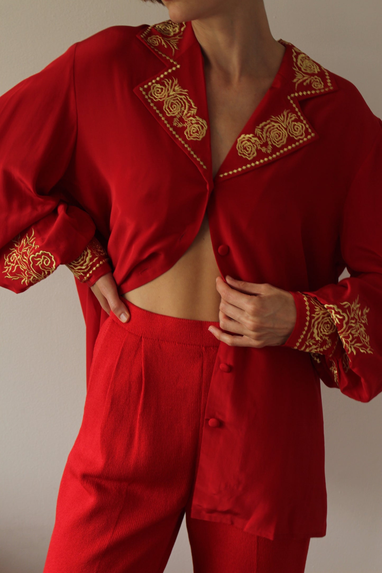 Vintage Diane Von Furstenberg Red & Gold Embroidered Silk Blouse