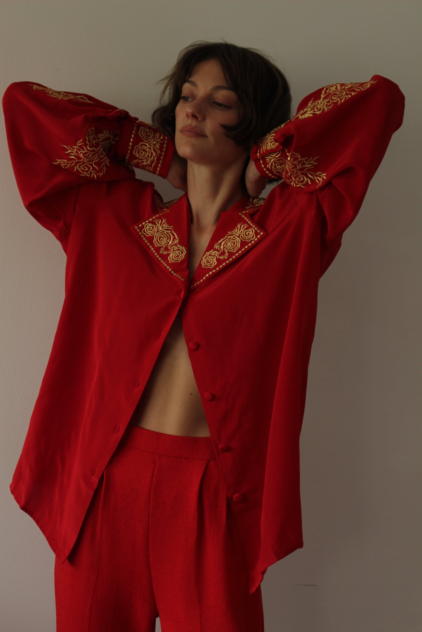 Vintage Diane Von Furstenberg Red & Gold Embroidered Silk Blouse