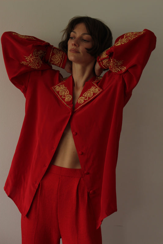 Vintage Diane Von Furstenberg Red & Gold Embroidered Silk Blouse