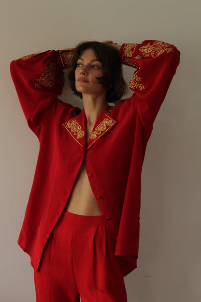 Vintage Diane Von Furstenberg Red & Gold Embroidered Silk Blouse