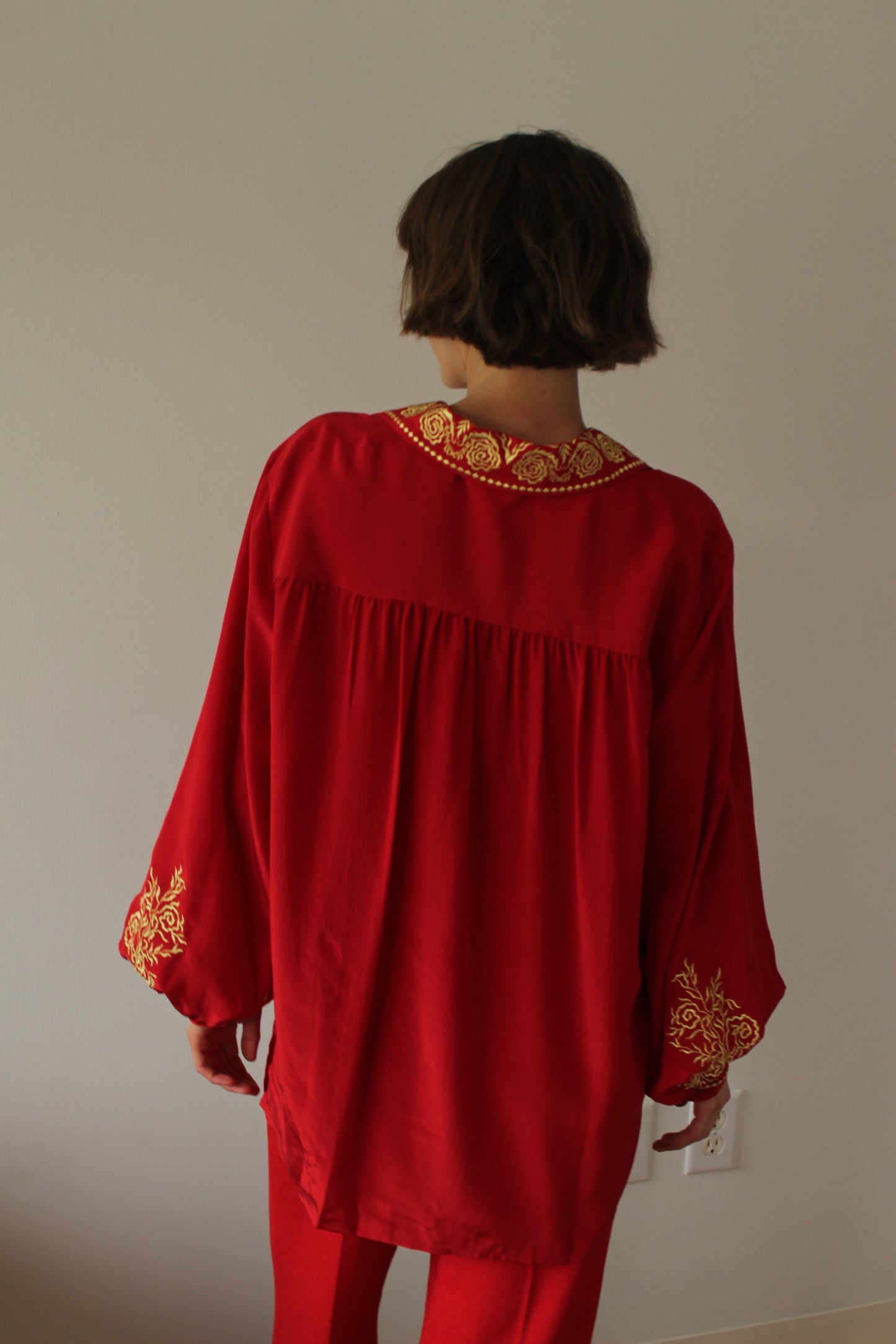 Vintage Diane Von Furstenberg Red & Gold Embroidered Silk Blouse