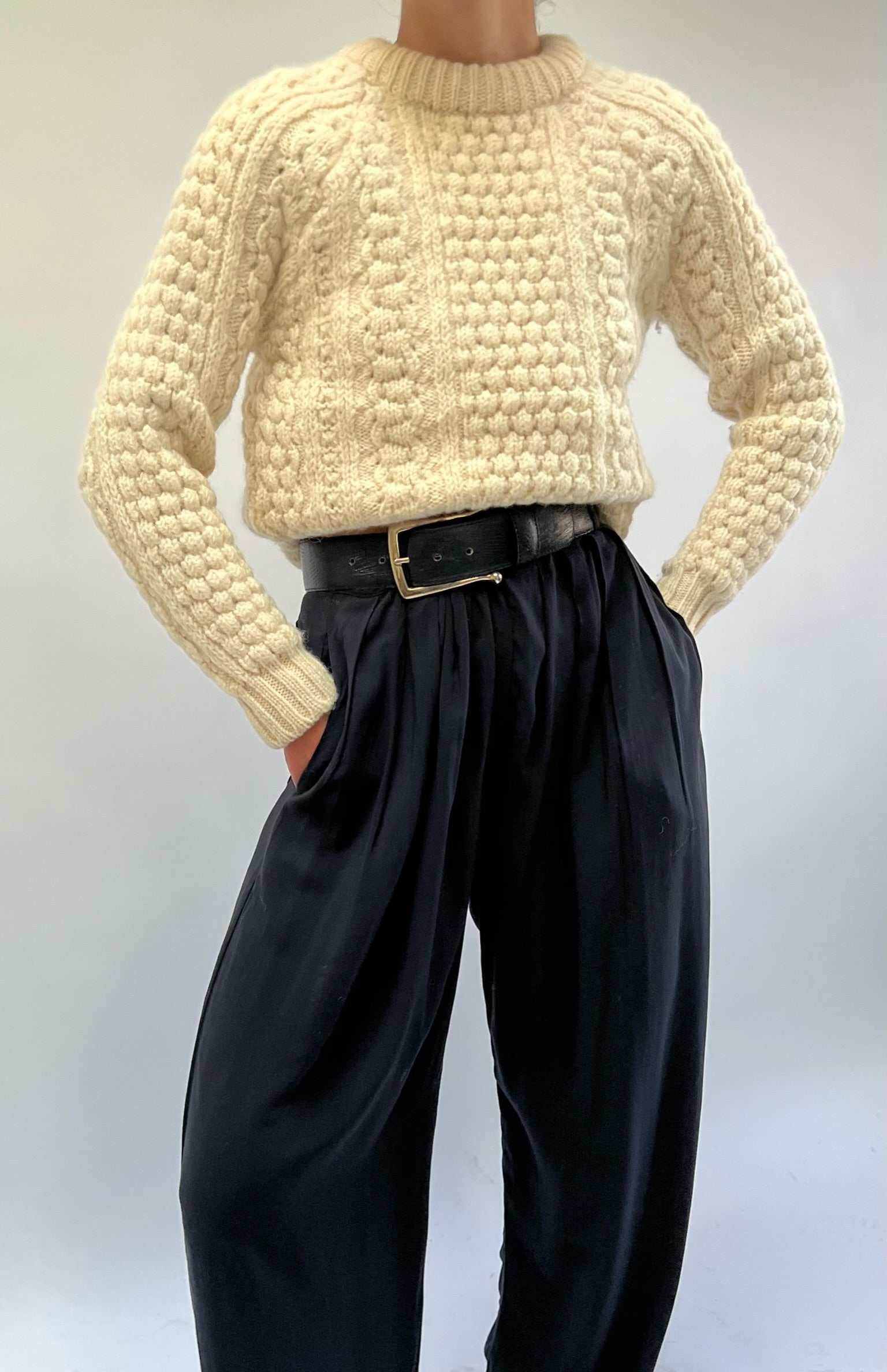 Vintage Petite Cream Wool Fisherman Sweater