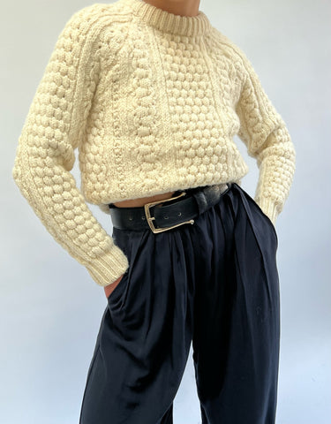 Vintage Petite Cream Wool Fisherman Sweater