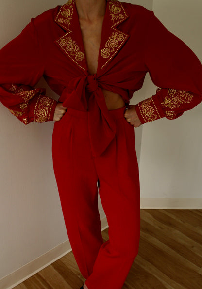 Vintage Diane Von Furstenberg Red & Gold Embroidered Silk Blouse