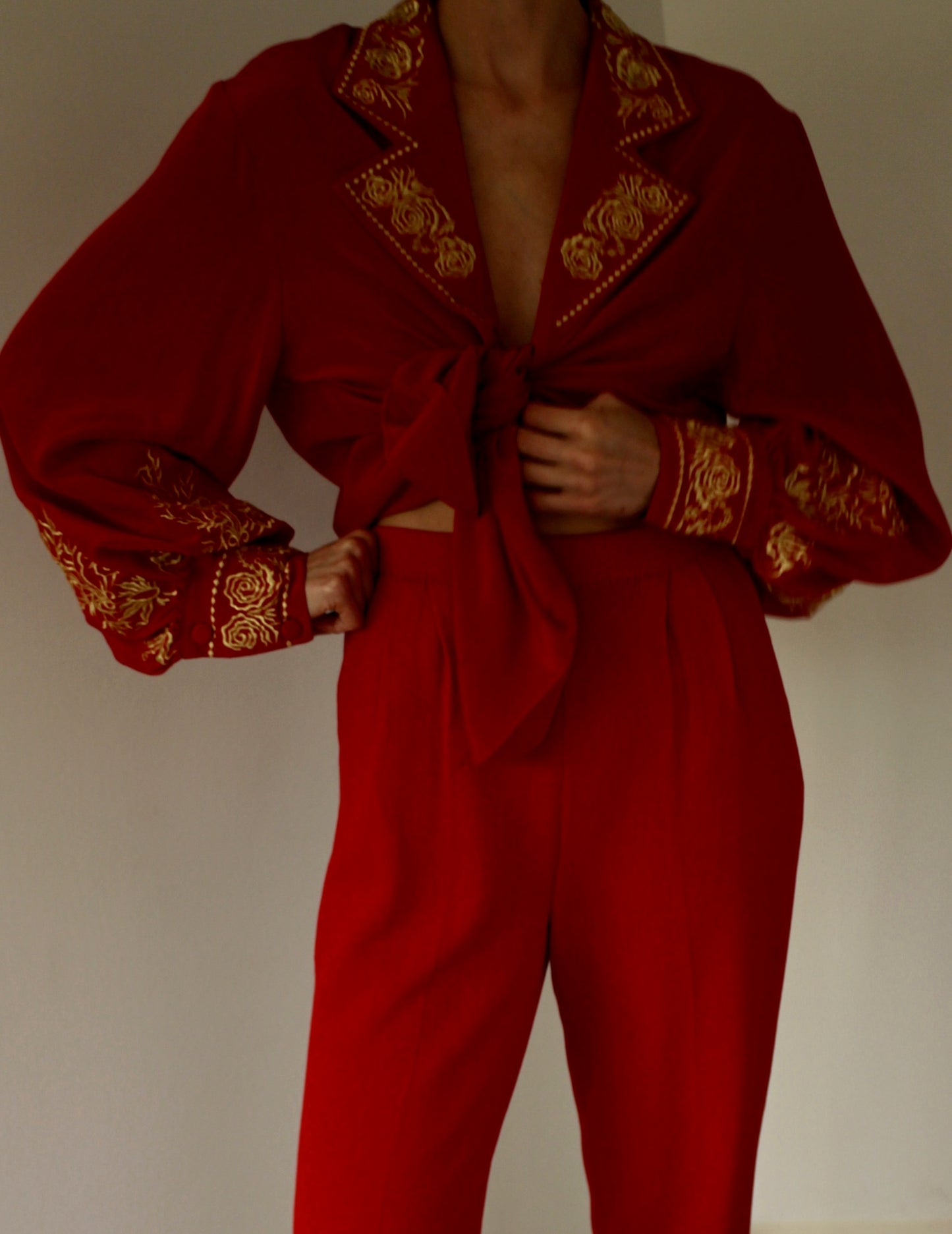 Vintage Diane Von Furstenberg Red & Gold Embroidered Silk Blouse