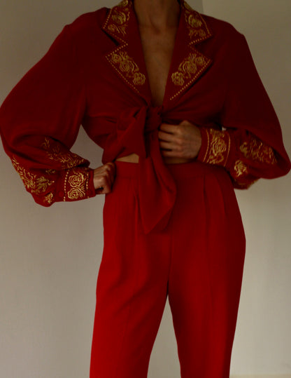 Vintage Diane Von Furstenberg Red & Gold Embroidered Silk Blouse