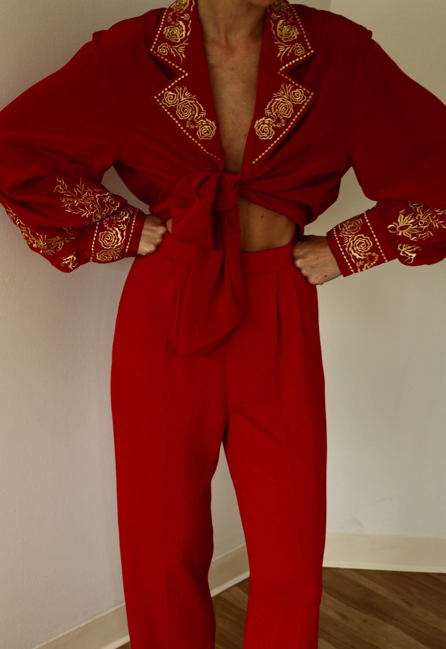 Vintage Diane Von Furstenberg Red & Gold Embroidered Silk Blouse