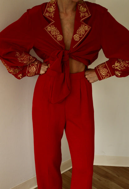 Vintage Diane Von Furstenberg Red & Gold Embroidered Silk Blouse