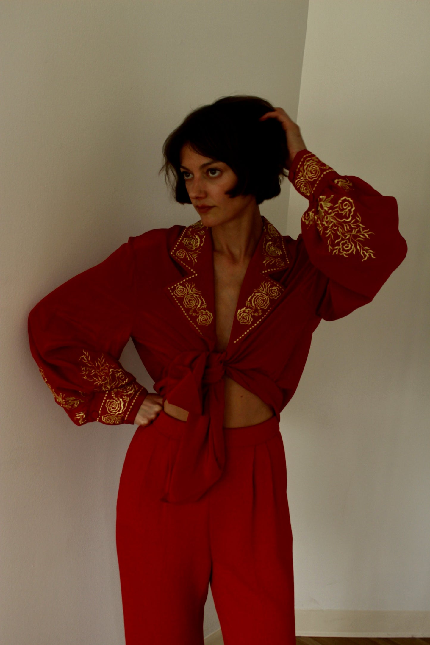 Vintage Diane Von Furstenberg Red & Gold Embroidered Silk Blouse