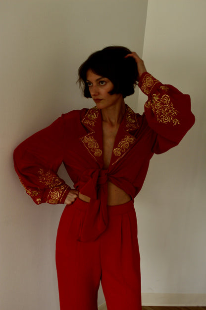 Vintage Diane Von Furstenberg Red & Gold Embroidered Silk Blouse