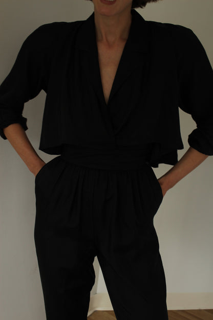 Favorite Vintage Jet Black Tailored Silk Jumpsuit