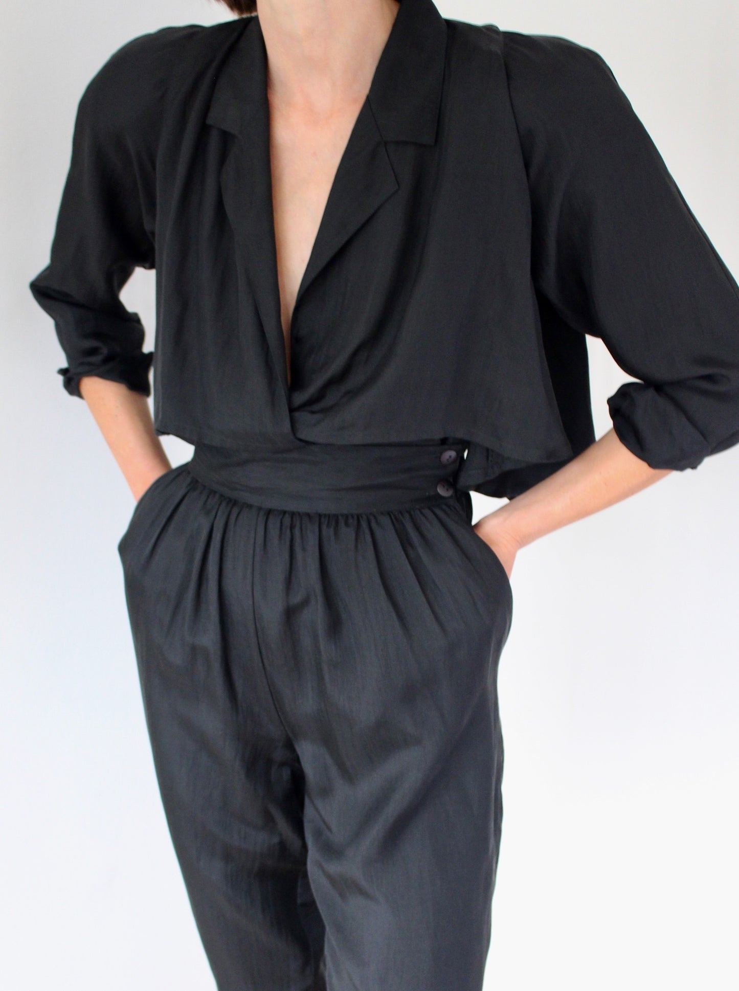 Favorite Vintage Jet Black Tailored Silk Jumpsuit