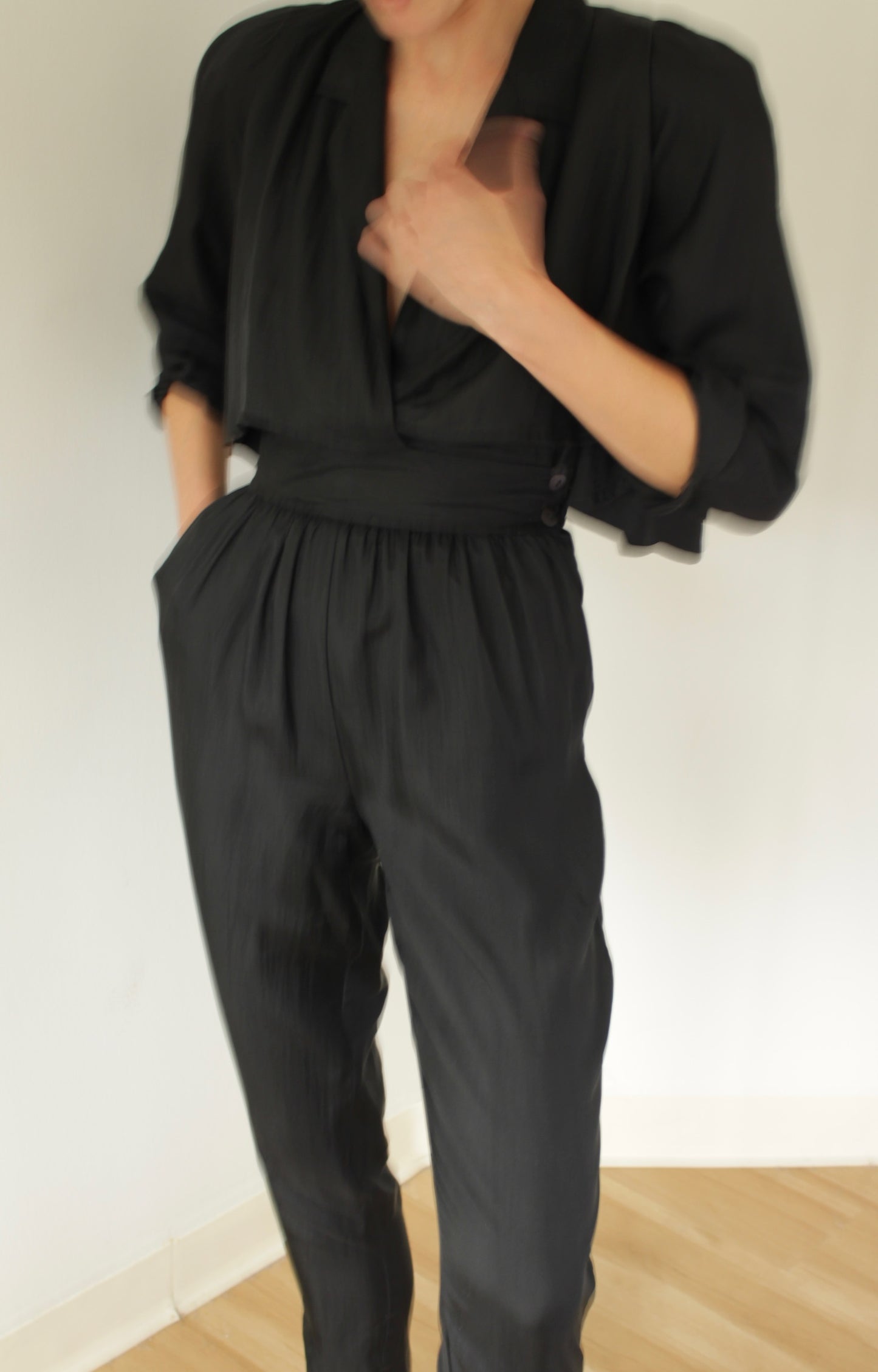 Favorite Vintage Jet Black Tailored Silk Jumpsuit