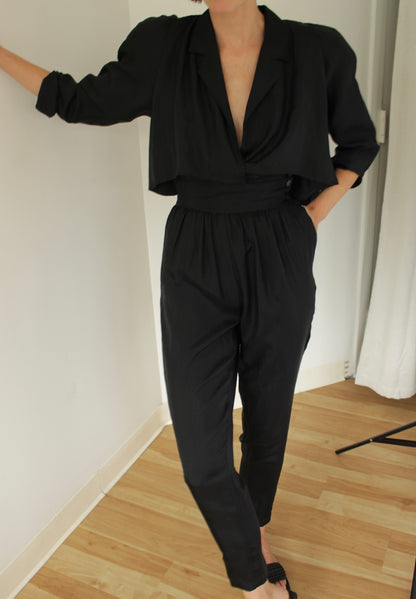 Favorite Vintage Jet Black Tailored Silk Jumpsuit