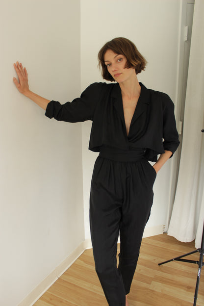 Favorite Vintage Jet Black Tailored Silk Jumpsuit