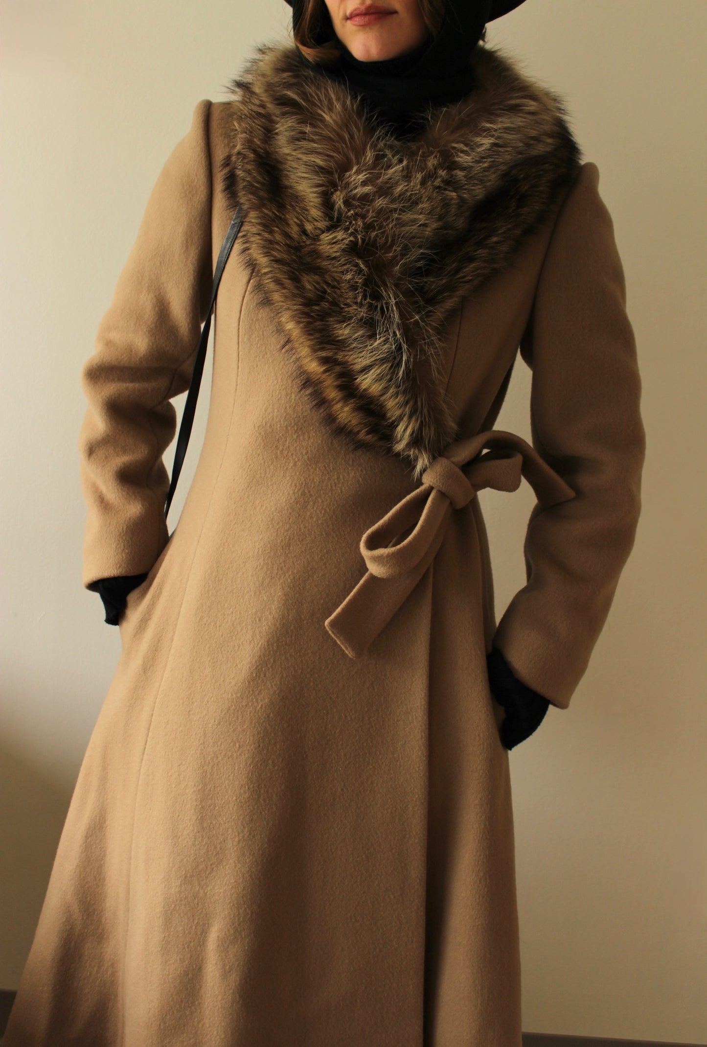 Vintage Latte Pure Wool & Fur Collar Crossover Coat