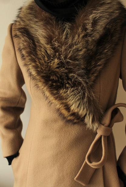 Vintage Latte Pure Wool & Fur Collar Crossover Coat