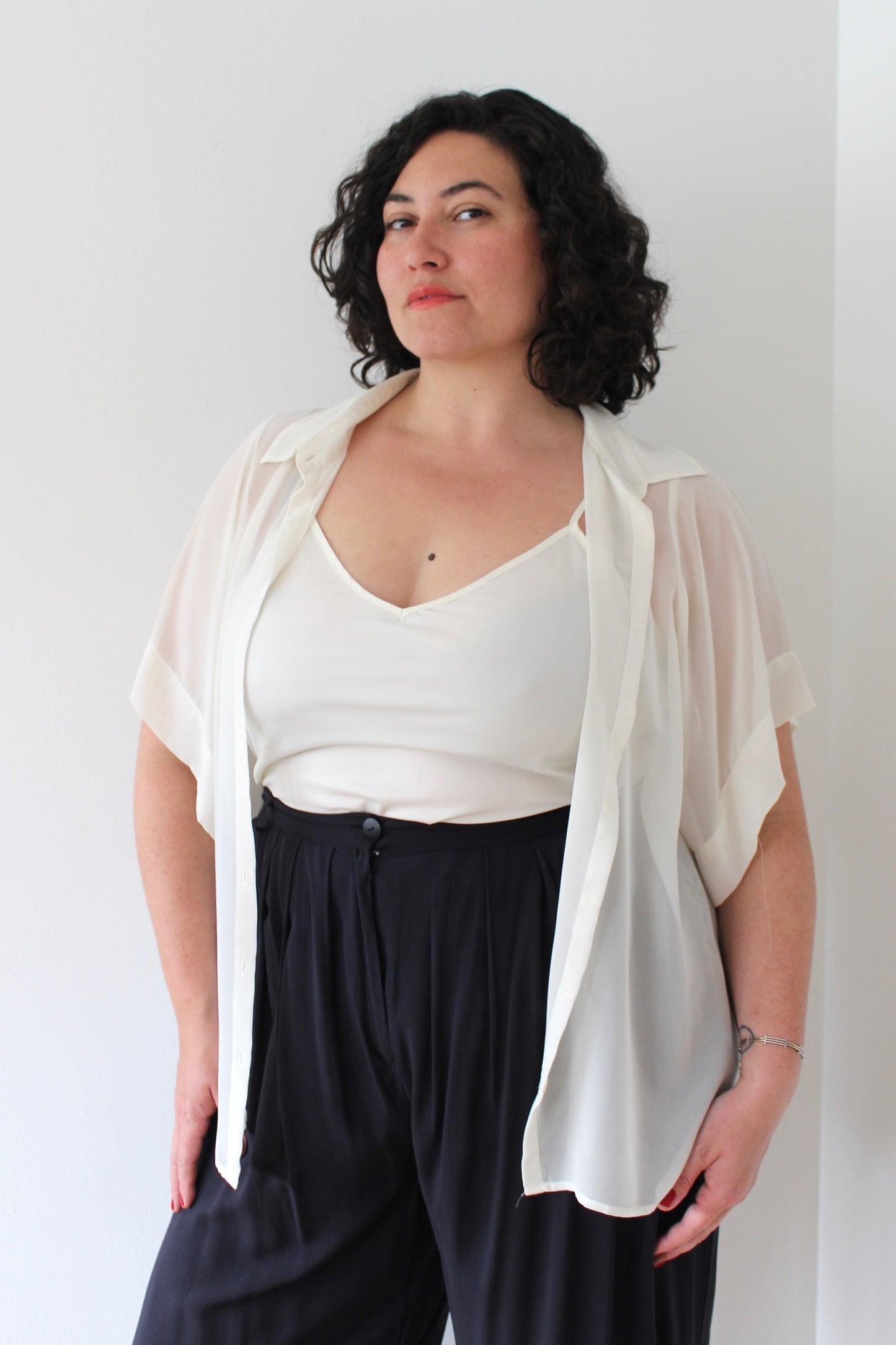 90s Cream Sheer Blouse & Tank Set