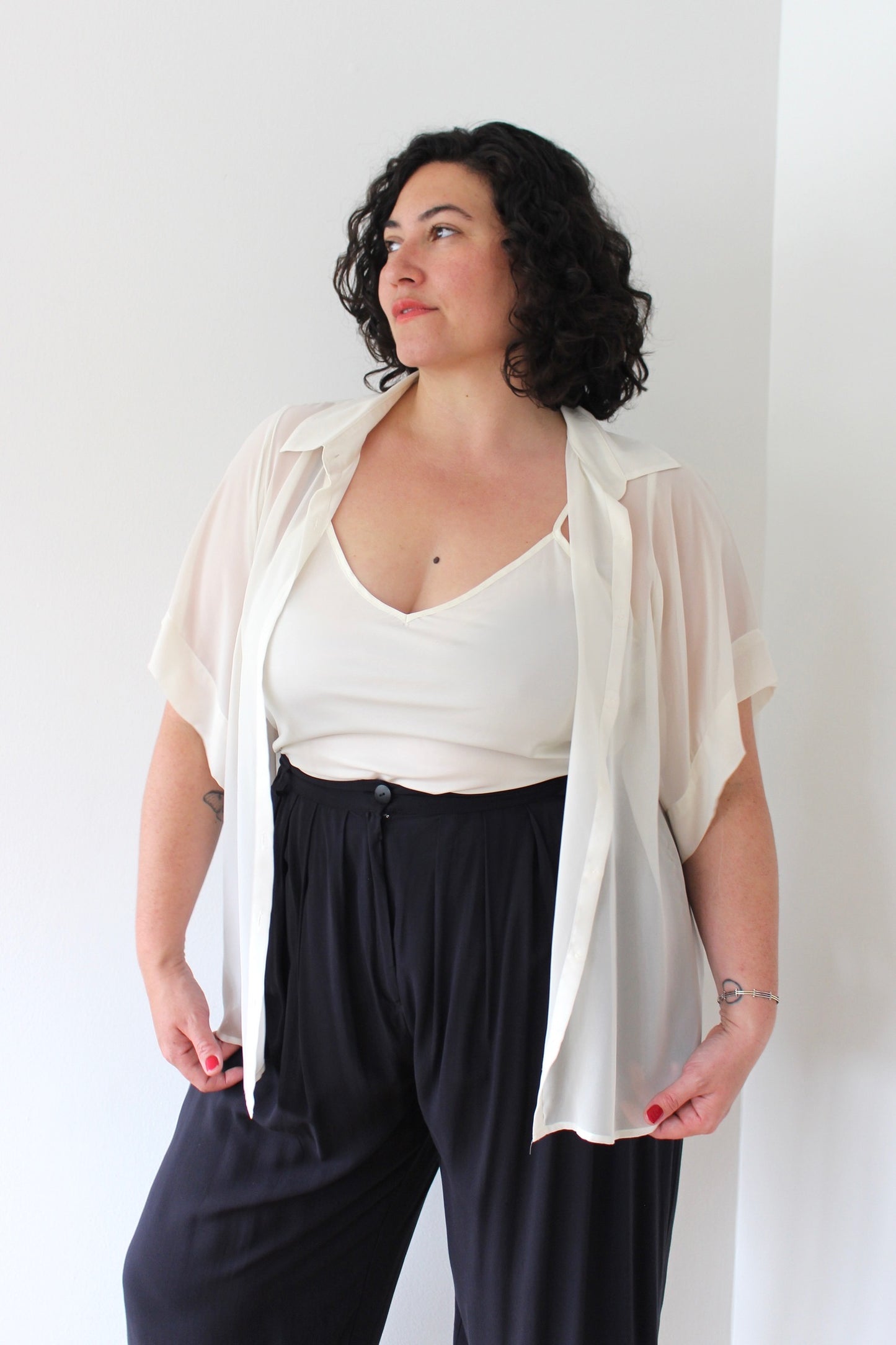 90s Cream Sheer Blouse & Tank Set