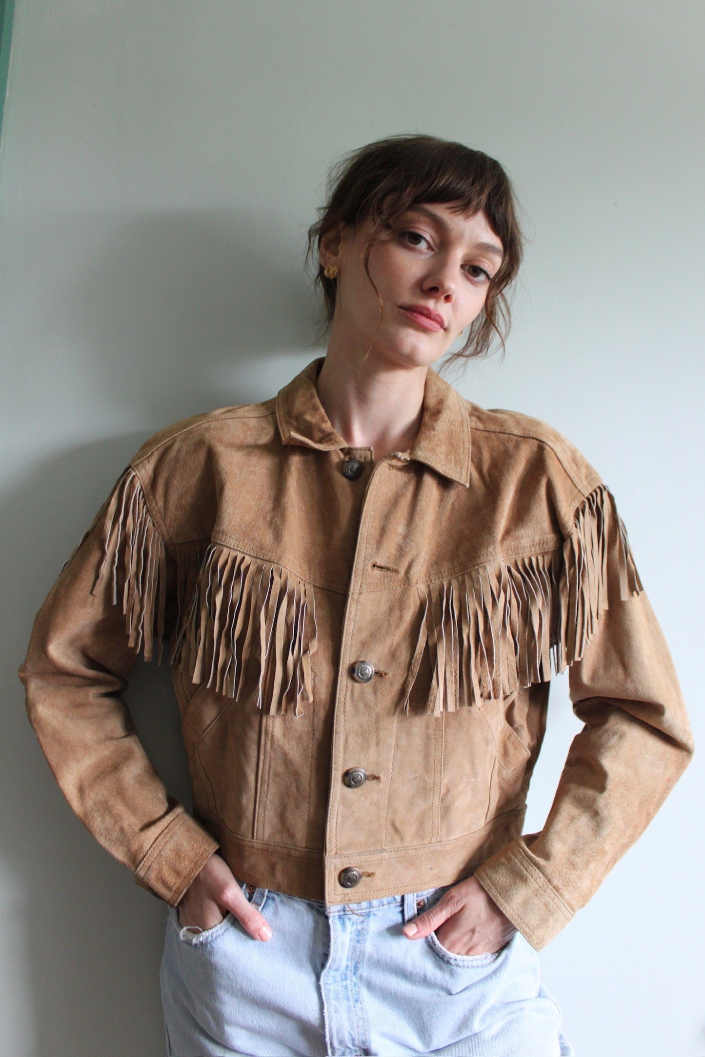 Petite Vintage Fawn Fringed & Cropped Suede Jacket