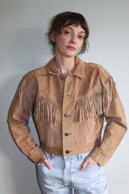 Petite Vintage Fawn Fringed & Cropped Suede Jacket