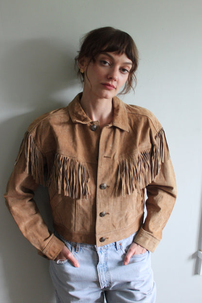 Petite Vintage Fawn Fringed & Cropped Suede Jacket