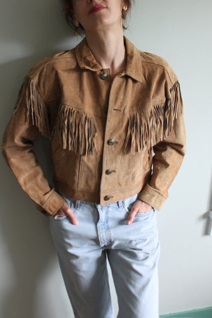 Petite Vintage Fawn Fringed & Cropped Suede Jacket