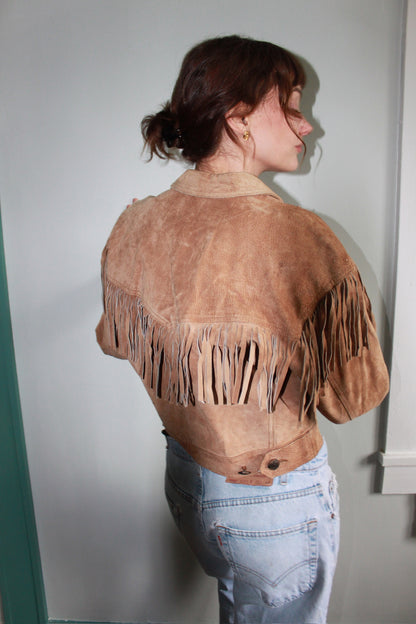 Petite Vintage Fawn Fringed & Cropped Suede Jacket