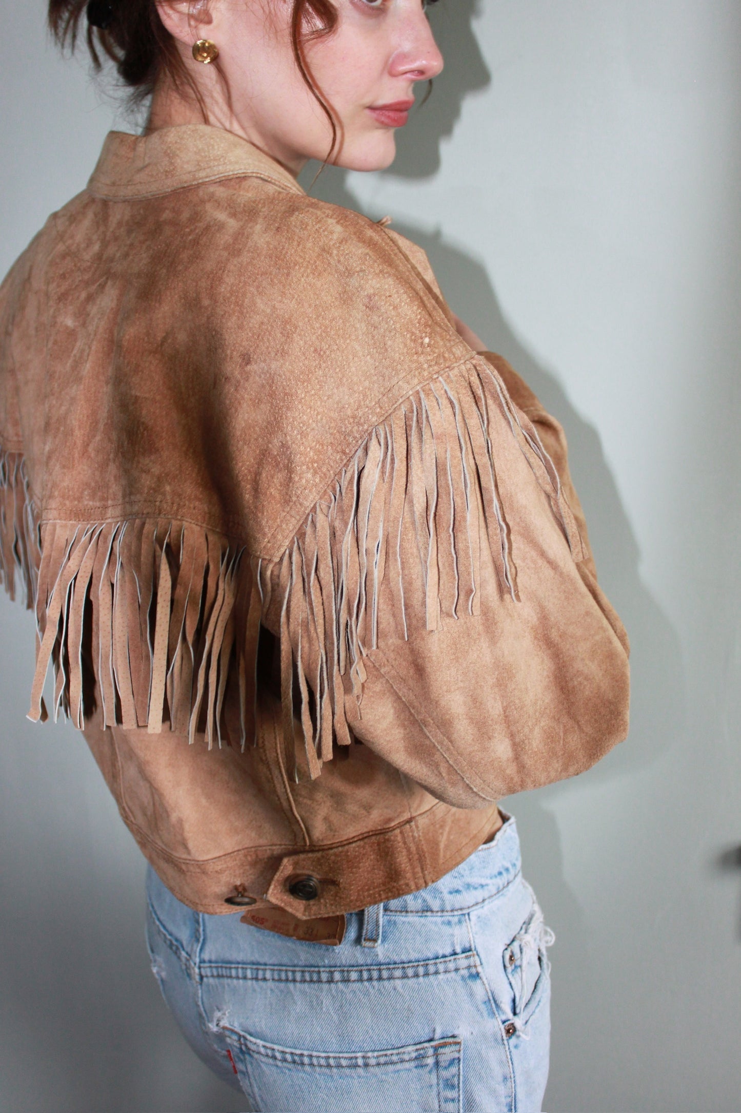 Petite Vintage Fawn Fringed & Cropped Suede Jacket