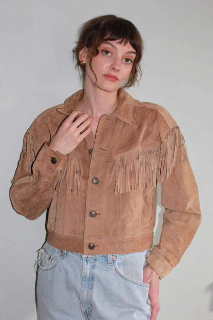 Petite Vintage Fawn Fringed & Cropped Suede Jacket