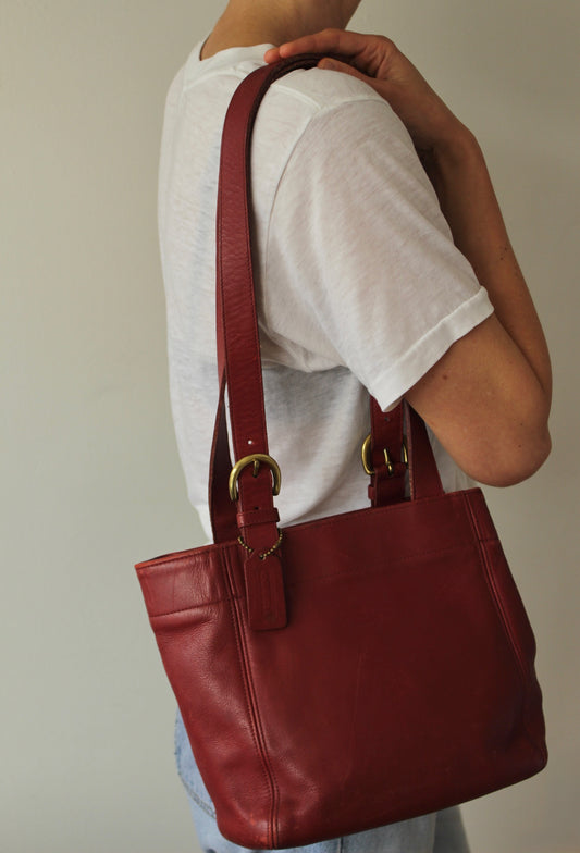 Vintage Coach Red Leather Buckled-Strap Tote Bag
