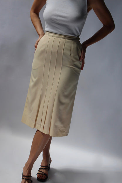 Vintage Cream Salvatore Ferragamo Pleated Wool Pencil Skirt