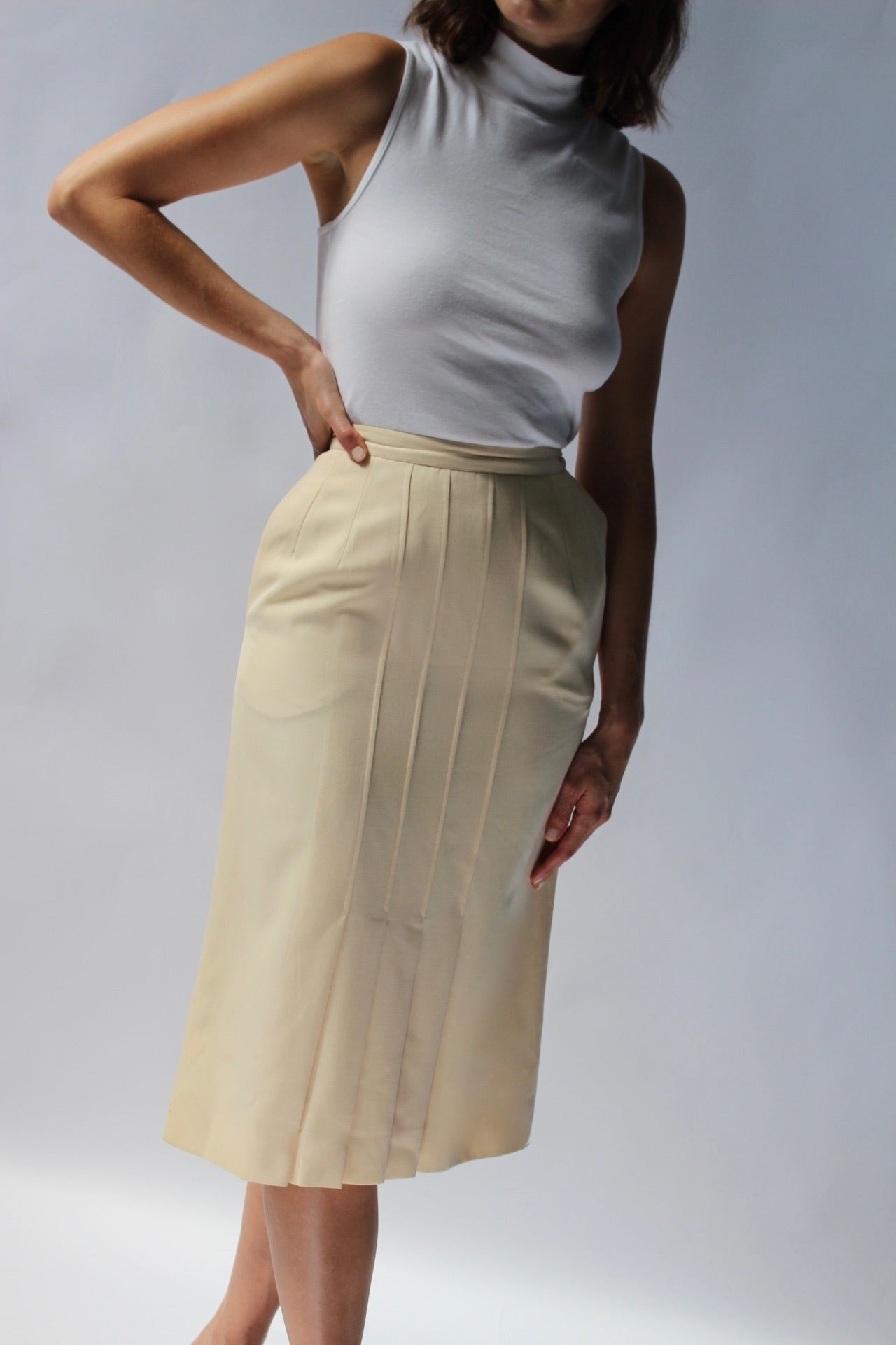 Vintage Cream Salvatore Ferragamo Pleated Wool Pencil Skirt