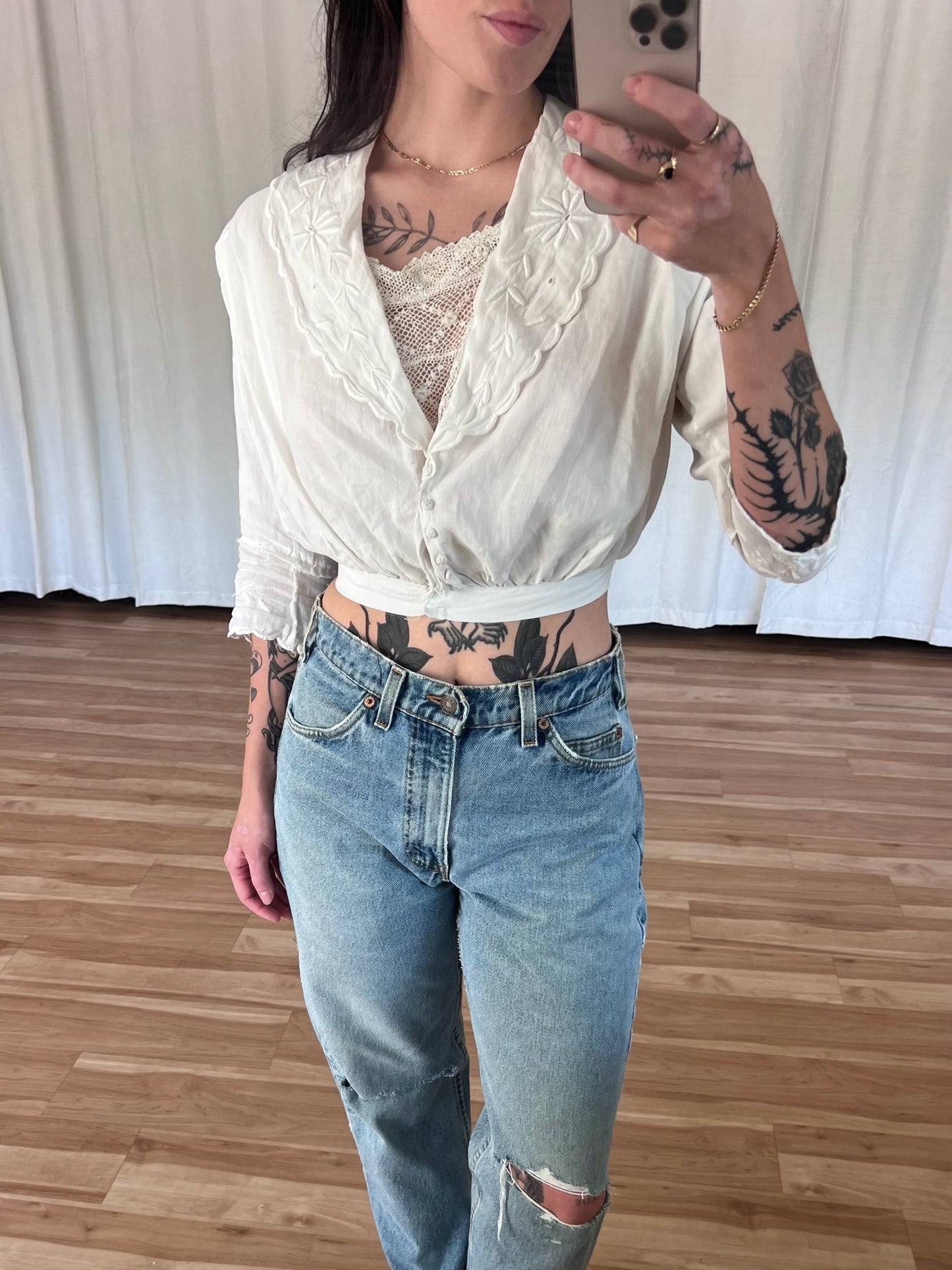 Stunning Antique Embroidered & Lace-Accent Crop