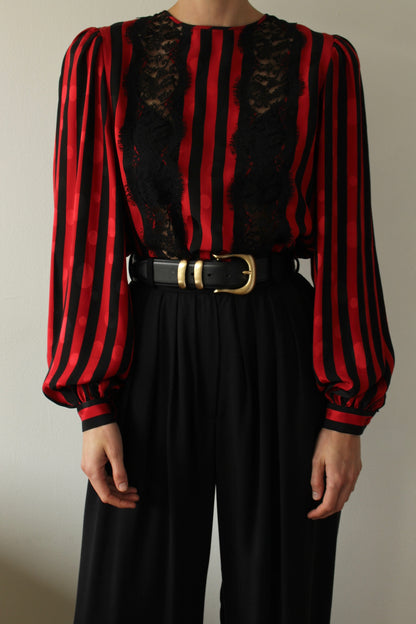 Stunning Vintage Oscar de la Renta Lace & Striped Silk Blouse