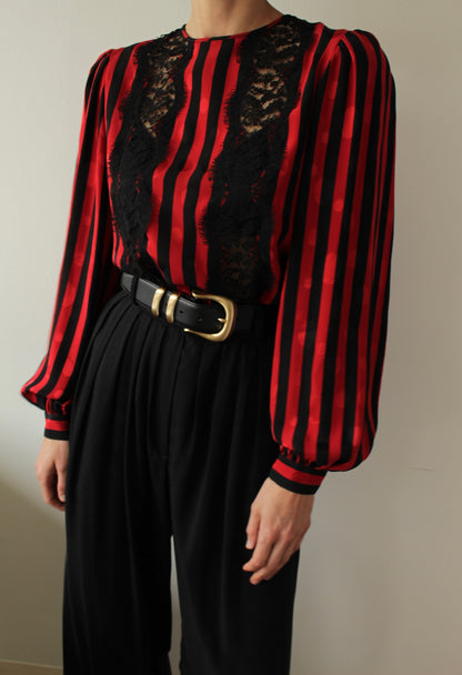 Stunning Vintage Oscar de la Renta Lace & Striped Silk Blouse