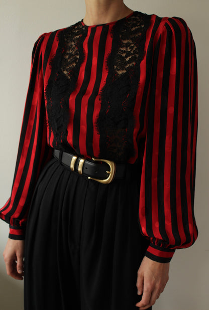 Stunning Vintage Oscar de la Renta Lace & Striped Silk Blouse