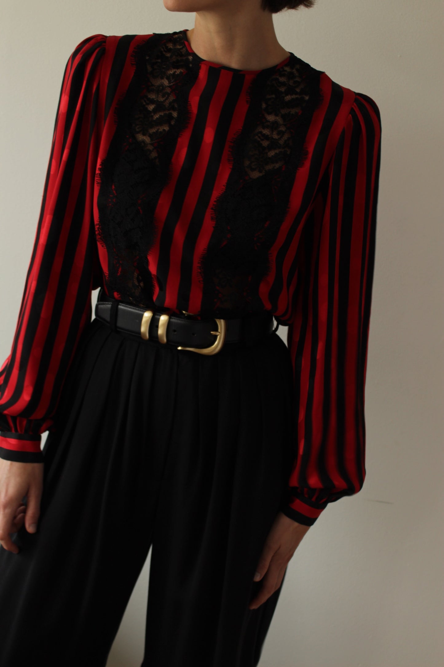 Stunning Vintage Oscar de la Renta Lace & Striped Silk Blouse
