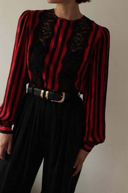 Stunning Vintage Oscar de la Renta Lace & Striped Silk Blouse