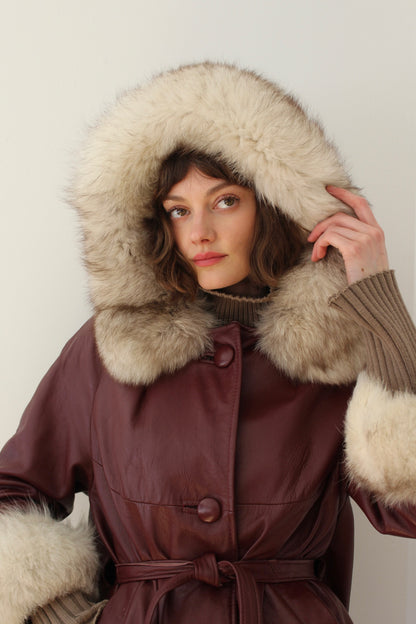 Vintage Oxblood Leather & Fur Belted Coat
