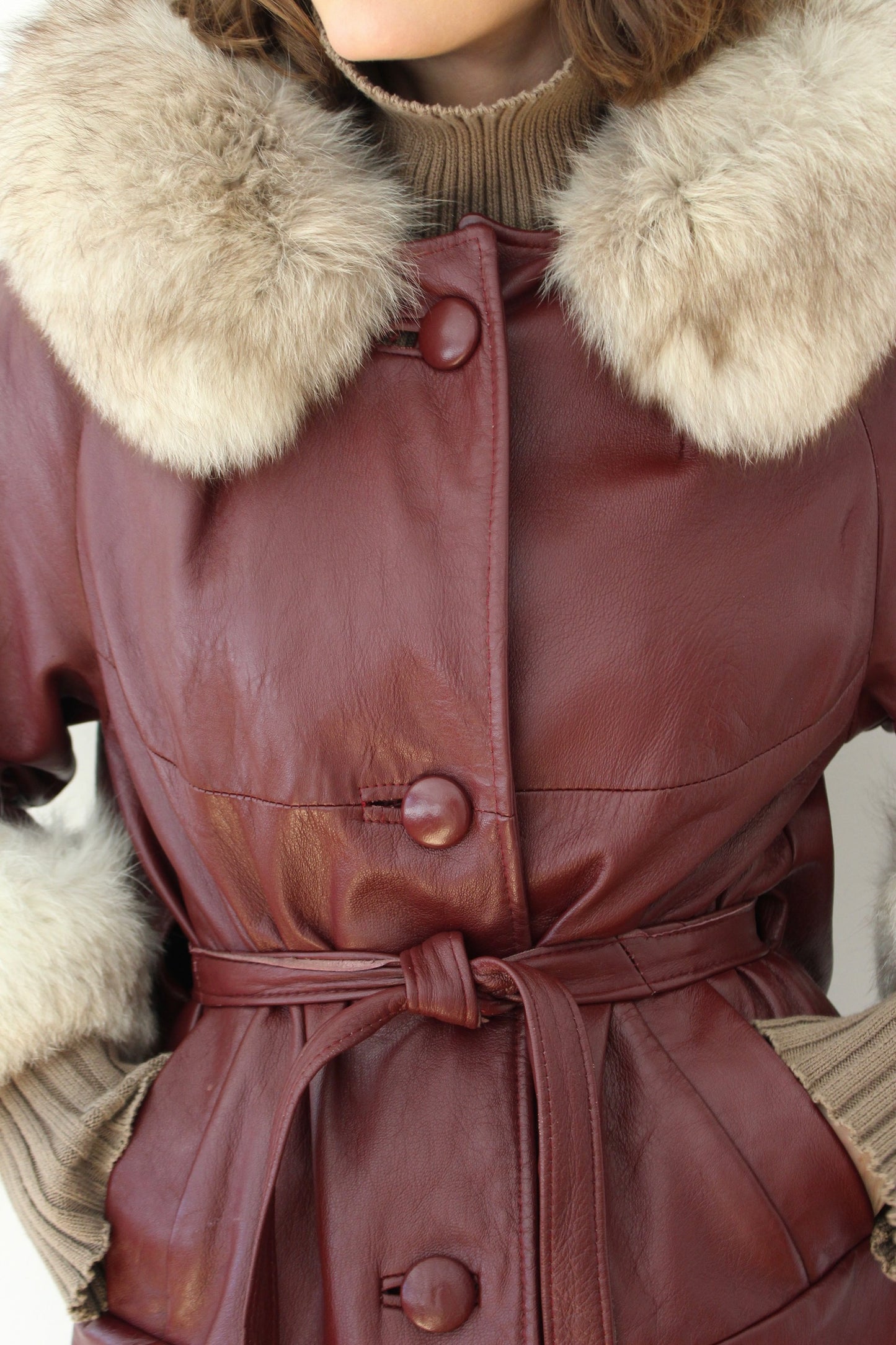Vintage Oxblood Leather & Fur Belted Coat