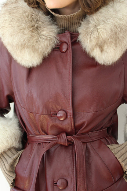 Vintage Oxblood Leather & Fur Belted Coat