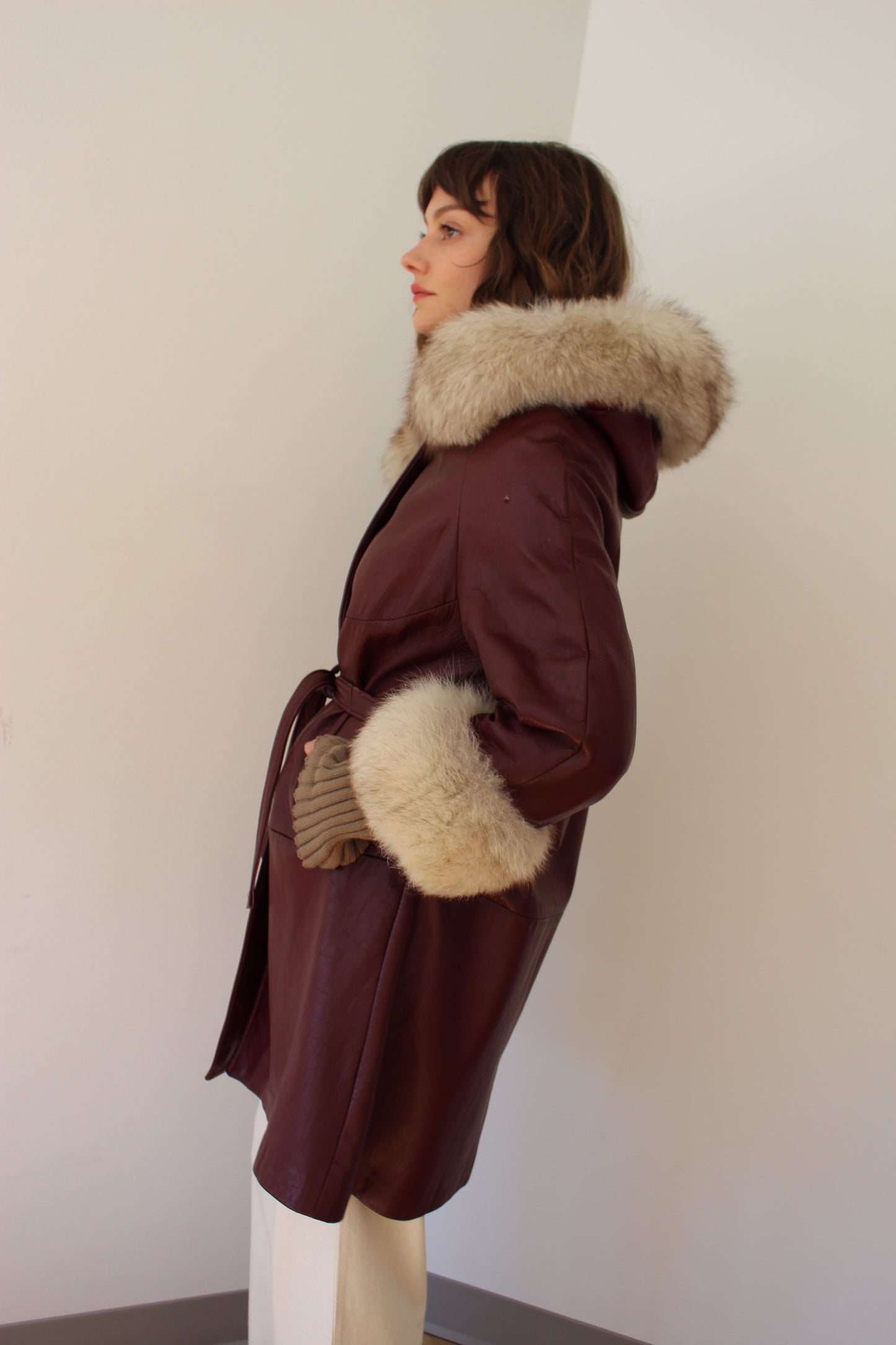 Vintage Oxblood Leather & Fur Belted Coat