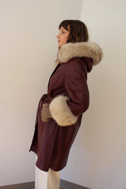 Vintage Oxblood Leather & Fur Belted Coat