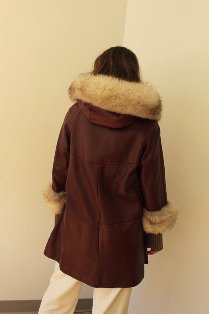 Vintage Oxblood Leather & Fur Belted Coat