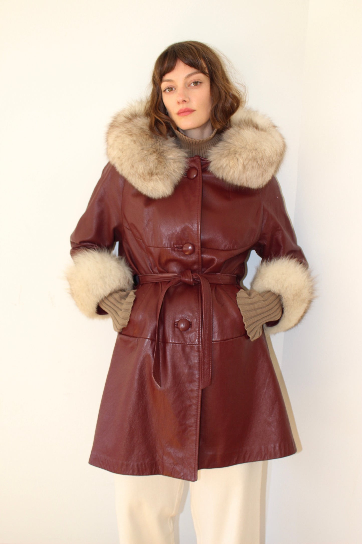 Vintage Oxblood Leather & Fur Belted Coat