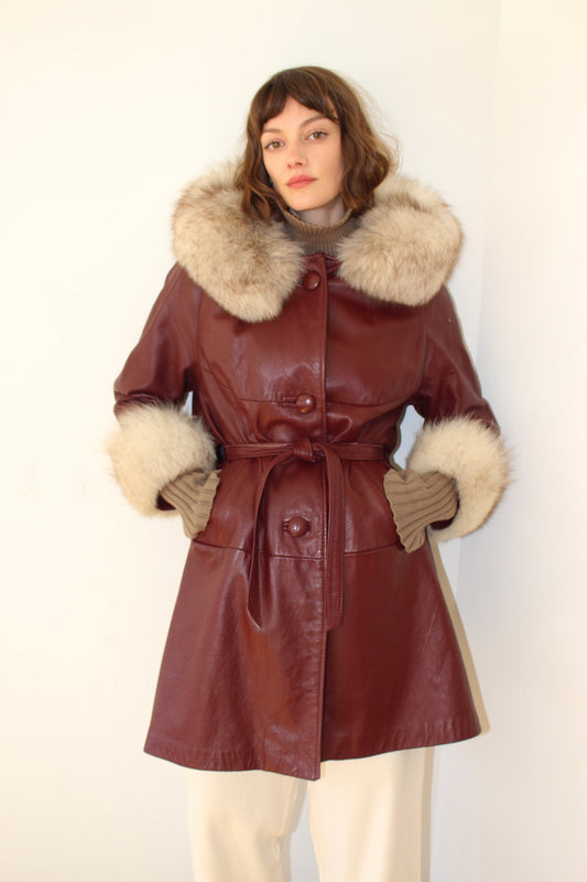 Vintage Oxblood Leather & Fur Belted Coat