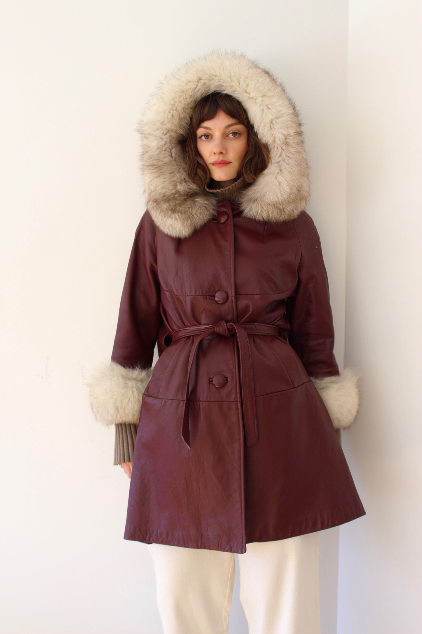 Vintage Oxblood Leather & Fur Belted Coat