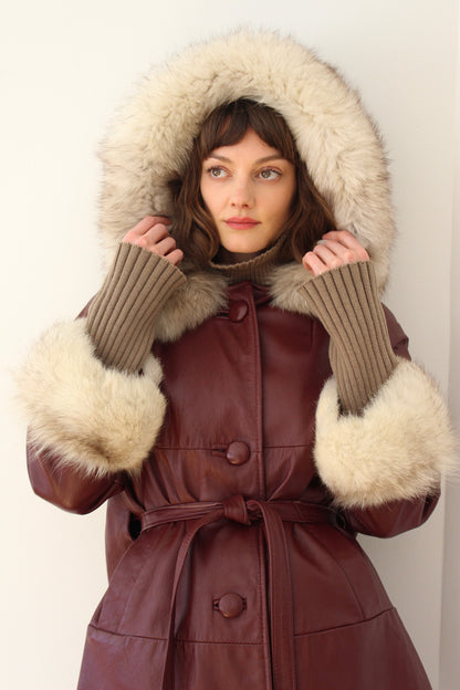 Vintage Oxblood Leather & Fur Belted Coat